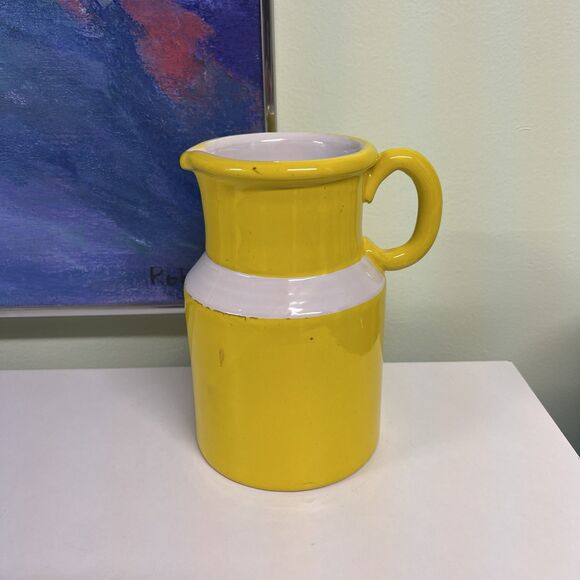 Vintage Midcentury Art Pottery Pitcher Peasant Village Italy Yellow White 1960s - Picture 3 of 8